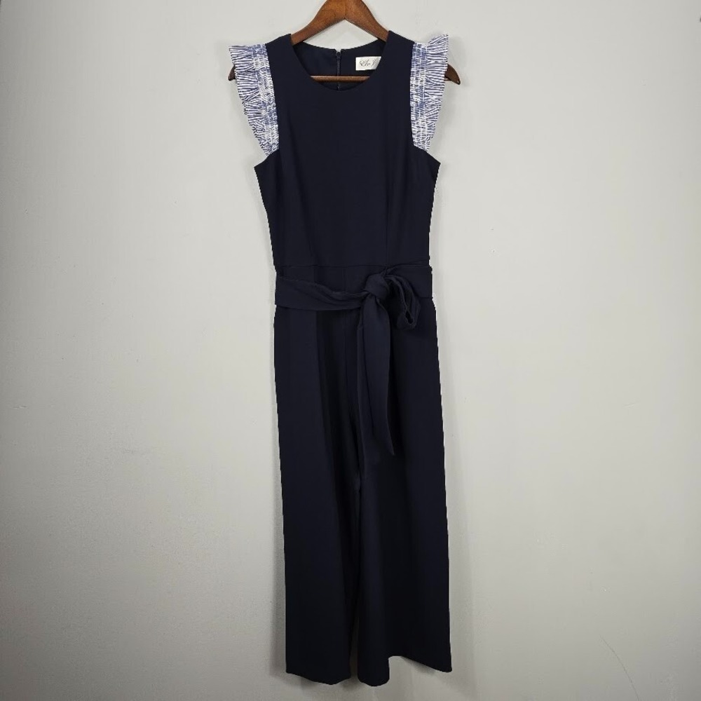 ELIZA‎ J Jumpsuit 6 Blue Ruffle Contrast Cap Sleeve Wide Leg Cropped Preppy